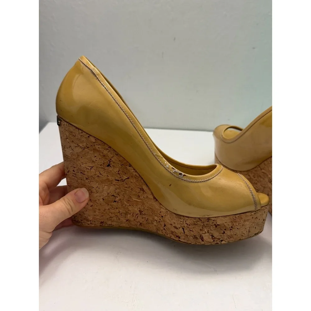 Jimmy Choo Mustard Patent Leather Cork Platform Wedge‎ Peep Toe Pumps Italy
